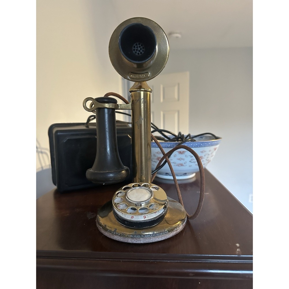 Antique American Bell Brass Candlestick telephone Patent 1915 All Cables And Box
